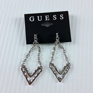 Guess Silver Tone Textured V Chain Dangle Earrings Fashion Jewelry